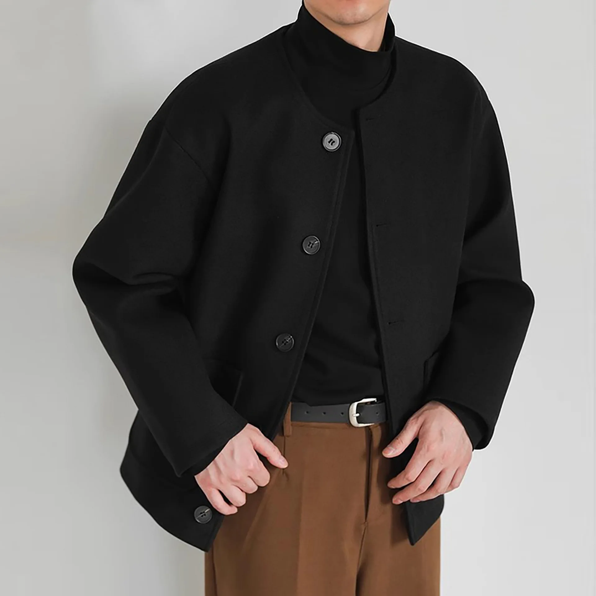 Autumn Winter Korean Style Men Solid Color O-neck Single Breasted Long Sleeve Loose Fit Simple Basic Casual Daily Wool Coat Male