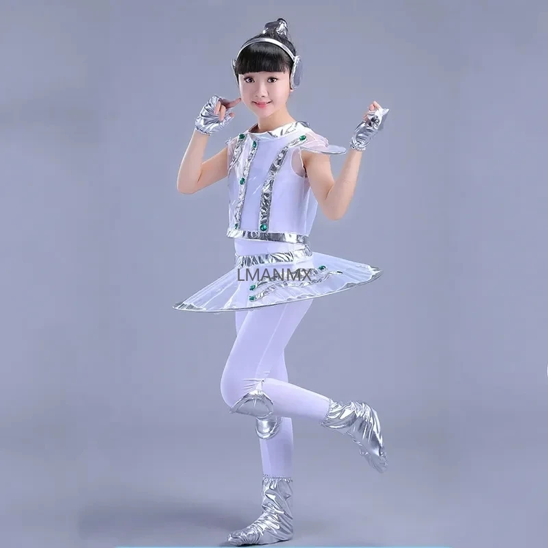 Costume de robot pour enfants, blanc, argent, astronome, performance spatiale, spectacle de danse sur scène, vêtements de temps, unisexe, garçon ou fille