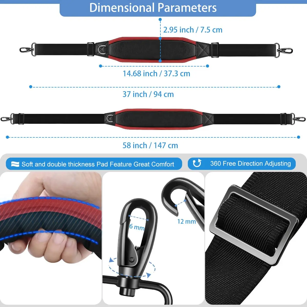 58-Inch 3D Air Cushion Strap for Bags - Ultra-Thick, Breathable, Adjustable with Double Buckles & Swivel Hooks for D-Ring Bags