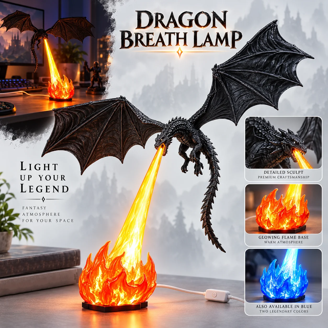 3D Printed Dragon Breath Car Ambient Light LED Steady Glow Adhesive Interior Decoration Creative Auto Ornament Bedroom Decor