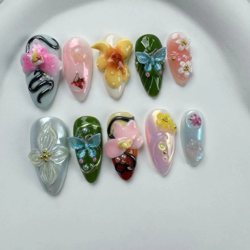 10Pcs Handmade Manicure Medium Almond Fake Nails Cute Flower Limited Nails Press On Nails Design with Adhesive Nail File Set