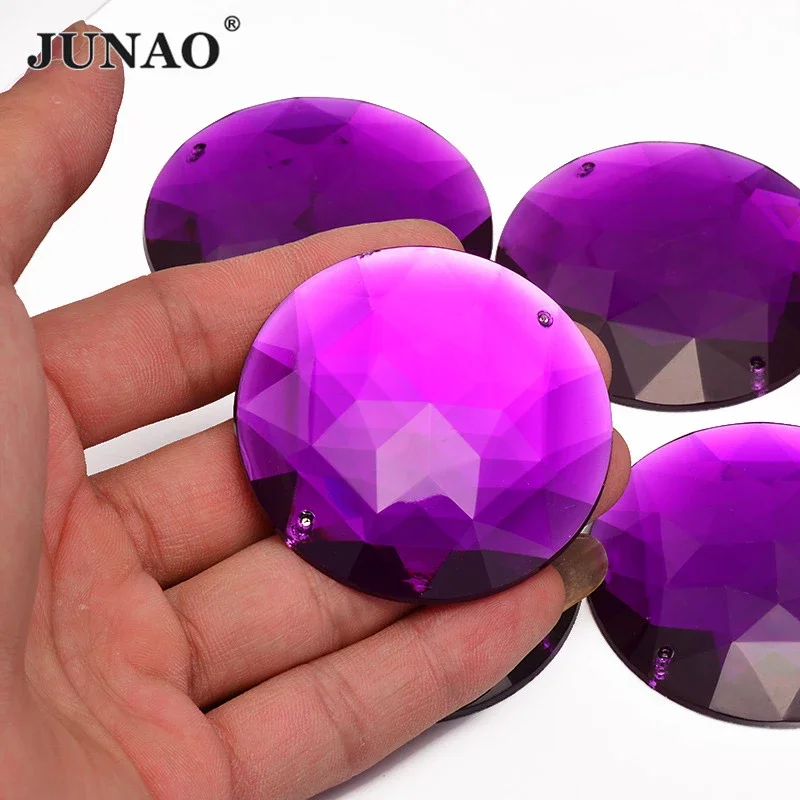 JUNAO 5pcs 52mm Large Dark Purple Color Round Flatback Rhinestone Sewn On Big Crystal Applique Cabochon Strass for Decoration