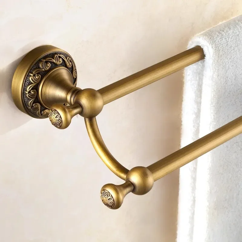 European Classical Brass Double Layer Towel Rack Antique Carved Bathroom Pendant Hanging Bar Wall Mounted Storage Holder for