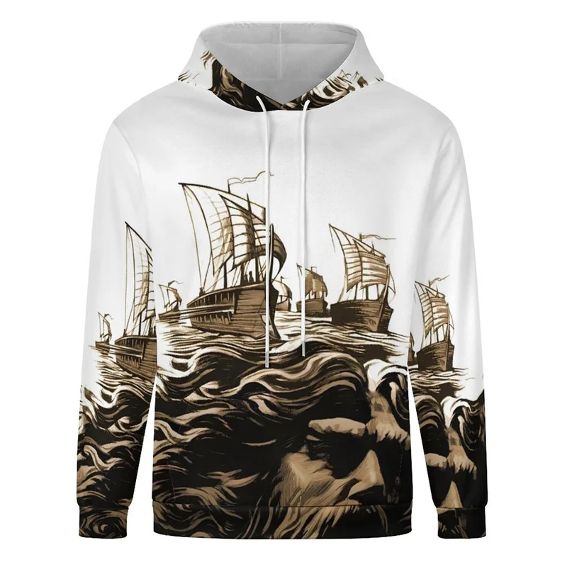 3D Print Cartoon Navigation Hoodies For Men Abstract Map Ship Pattern Pullovers Casual Hooded Sweatshirts Long Sleeve Loose Tops