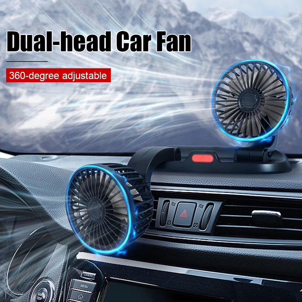 5/12/24V Automobile Vehicle Fan Dual Head Mini Electric Car Fan 360 Rotatable 2 Speed USB for Car Truck SUV RV Cranes