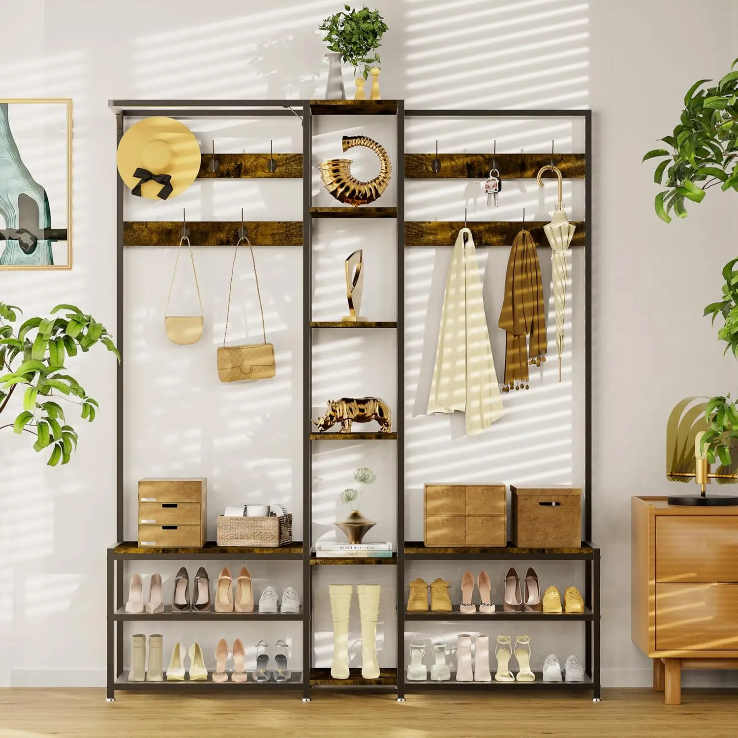 رف المعاطف مع مساحة تخزين الأحذية: حامل المعاطف مع مقعد الأحذية، شماعة ملابس قائمة بذاتها مع إطار معدني صناعي #2