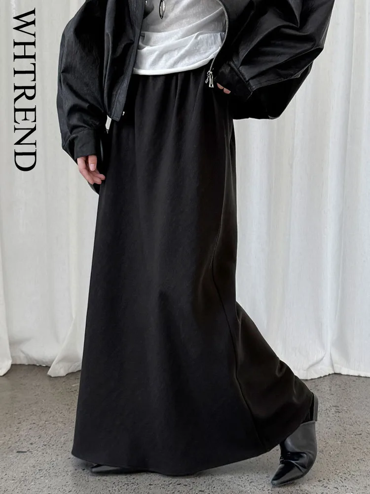 WHTREND drapé élégant taille haute droite jupe Midi pour les femmes automne nouveau polyvalent minceur longues jupes WH1229