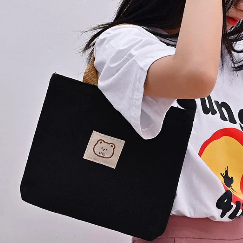 Casual Lightweight Canvas Tote Bag HandHeld Bento Bag Phone Pouch Bear Pattern tissue Ipad Bag Trendy Small Handbag Shoulder Bag