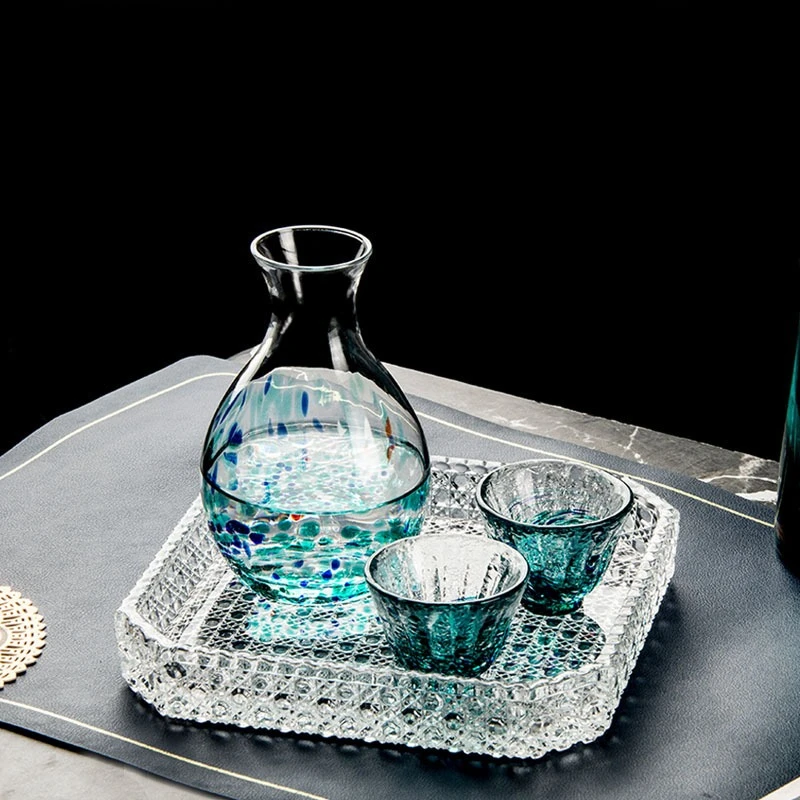 

Japanese Sake Cup Set 1 2oz Elegant Glass Sake Cups with Tray Color Dots High Value Fruit Wine Glasses