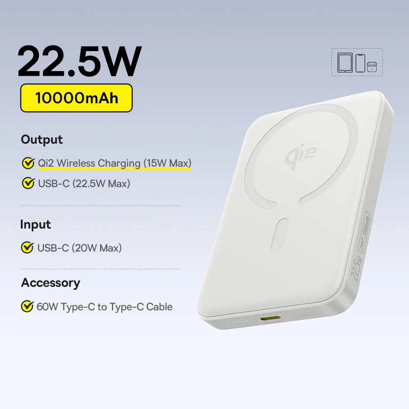 Baseus Qi2 Magnetische Powerbank 15W Kabellos 10000mAh PD 22.5W Schnellladung Kompaktes Tragbares Ladegerät für iPhone 17 Samsung S25