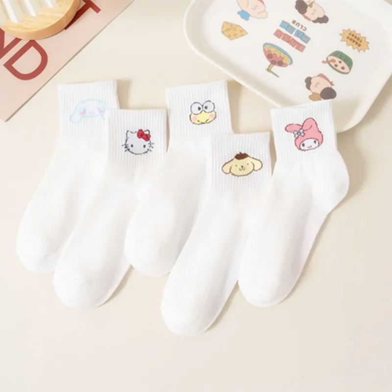 5Pairs Women HelloKitty Melody Cartoon Socks Cute Kawaii Breathable Mid Calf Casual School Style
