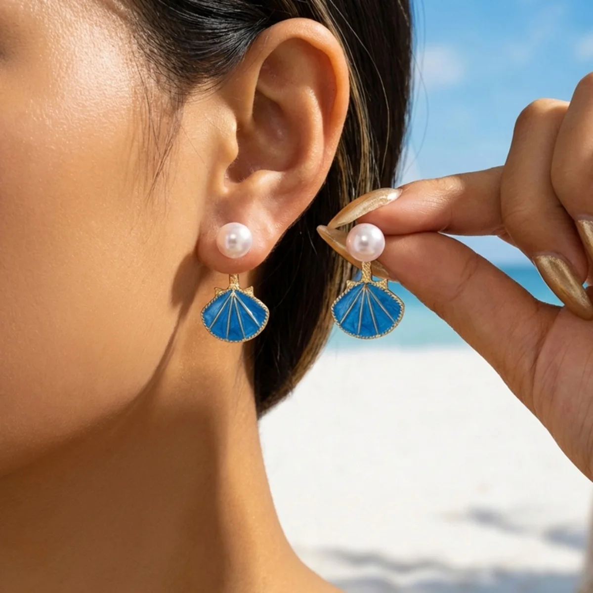 Imitationsperlen-Ohrstecker mit Emaille-Muschel-Rückseite für Damen und Herren, böhmische Ozean-Strand-Muschel-Ohrringe, Sommerparty-Schmuck – Detail 16