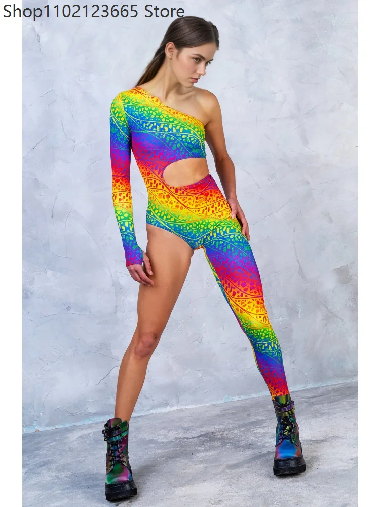 Holiday Art Jumpsuit Halloween Cosplay Women's Rainbow Carnival Bodysuit Leggings Carnival Party Masquerade Ball One-arm Tight view 2