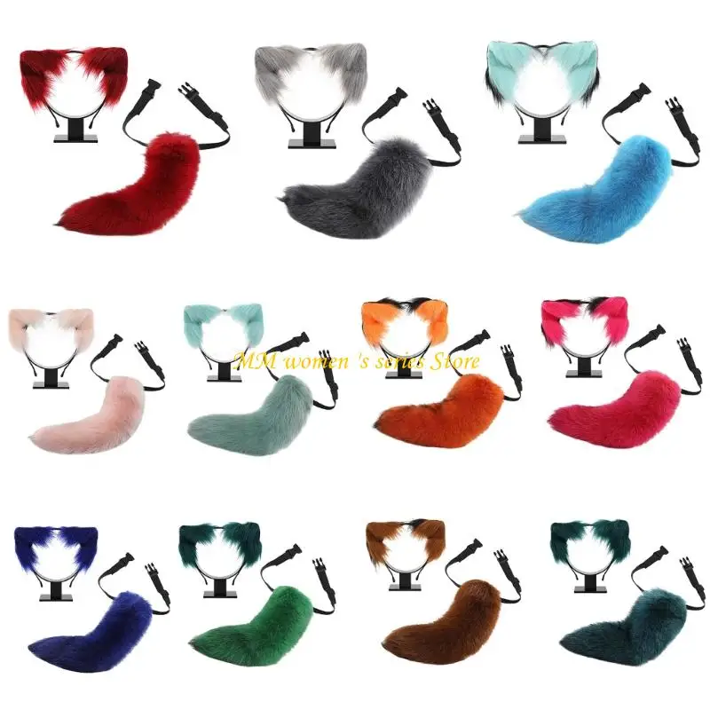 

Q39C Animal Cosplay Costumes Cats Ears Foxes Tail Fauxs Furs Animal Ears Hairhoop Foxes Tail Halloween Dress Up Party Props