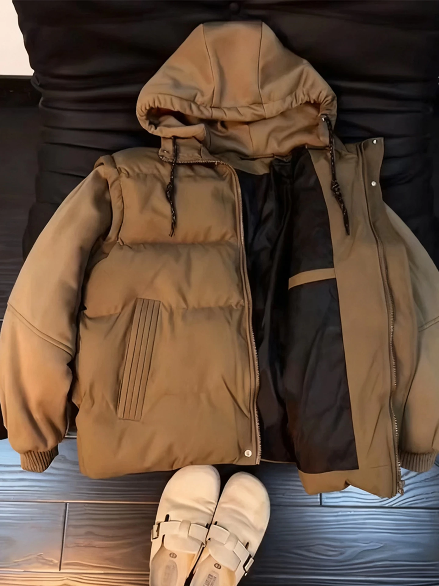 

American Sle Detachable Cotton Jaet Men's Winter Vintage Cleanfit Bread Coat Loose Fit Long Sve Warmth Thiened Zipper