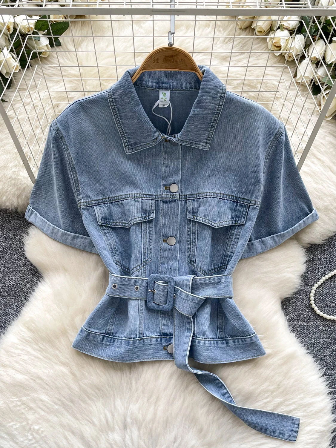 

Trendy Tie Waist ort Sve Denim irt Women's Single Button Faionable Korean Sle Commute Loose Fit Regular Length