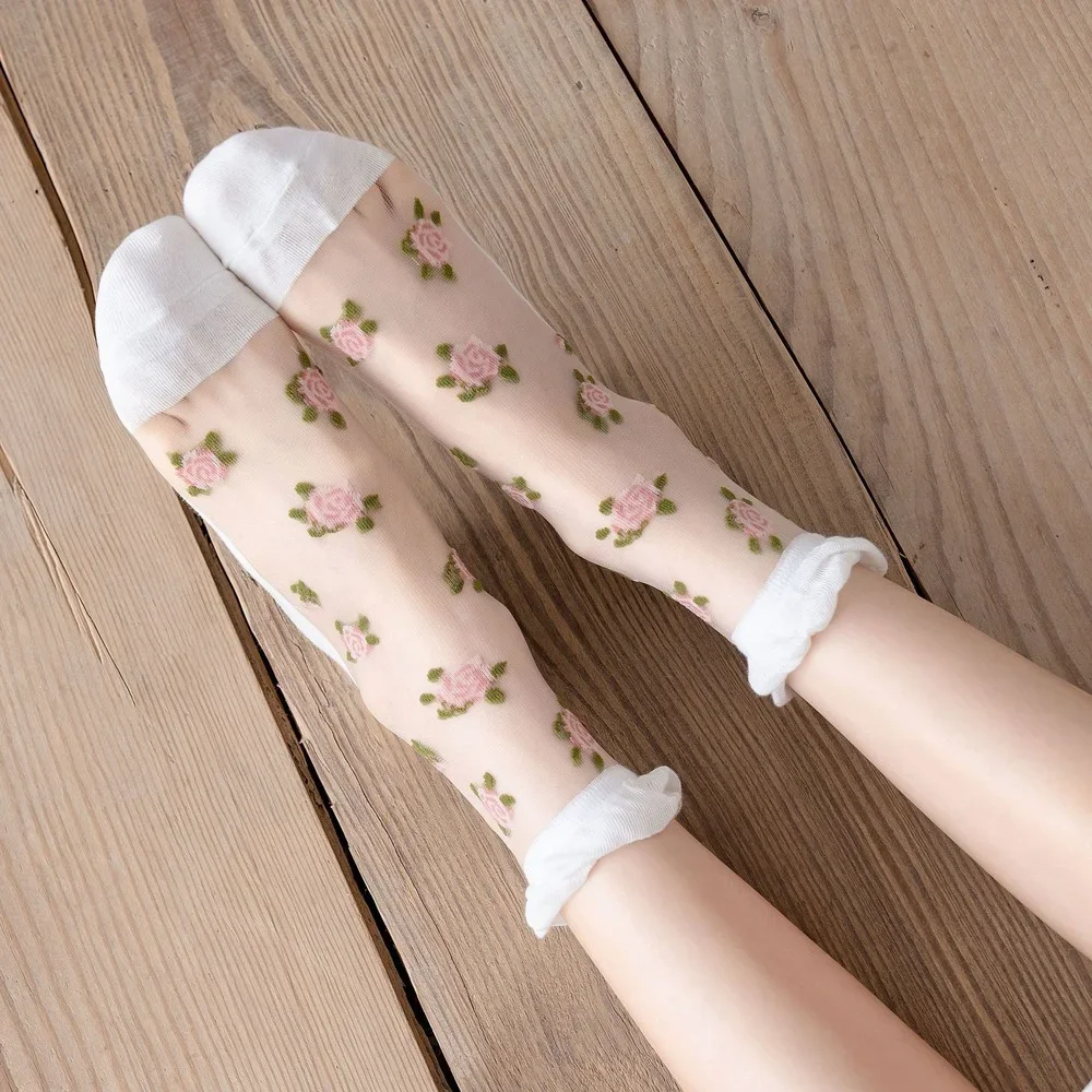 Summer Socks Women Rose Floral Embroidery Crystal Silk Socks Ultra-thin Transparent Lolita Sweet Girls Kawaii Cute Ruffle Socks