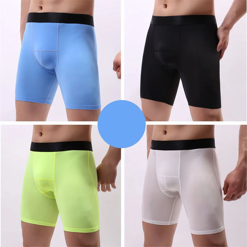 Ice Silk Lengthen Men Boxers Mid Waist Solid Mens Underwear Boxer Shorts Long Leg Underpants Quick Dry Sexy U Pouch Panties