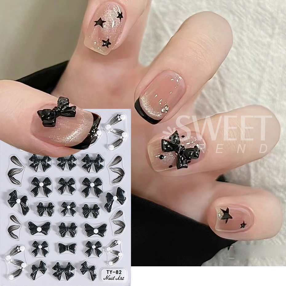 5dネイルリボンステッカー、黒とピンクのリボン、ネイルチャーム、かわいいシルクの蝶ネクタイデカール、カワイイマニキュアアクセサリー、y2kデザインサイド