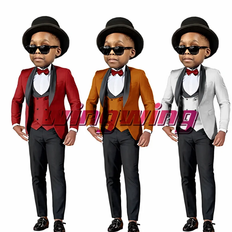 

Suit for Boys Wedding Tuxedo Three-Piece Suit Shawl Collar Jacket Pant Vest Bow Tie Kids Fashion Blazer Party Clothes بلايز