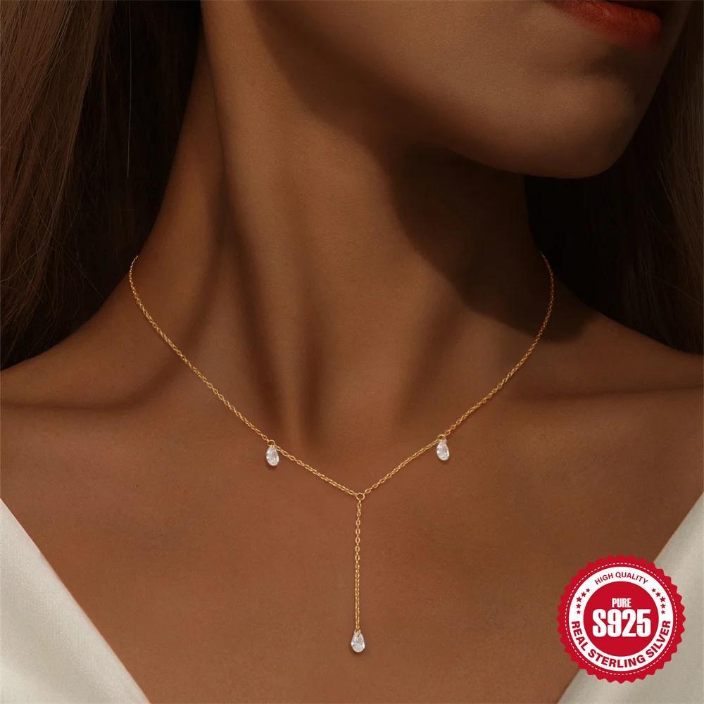 

AIDE S925 Sterling Silver Classic Water Drop pendant Y-shaped Collarbone Women's Necklace Wedding Party Fine Jewelry Gift