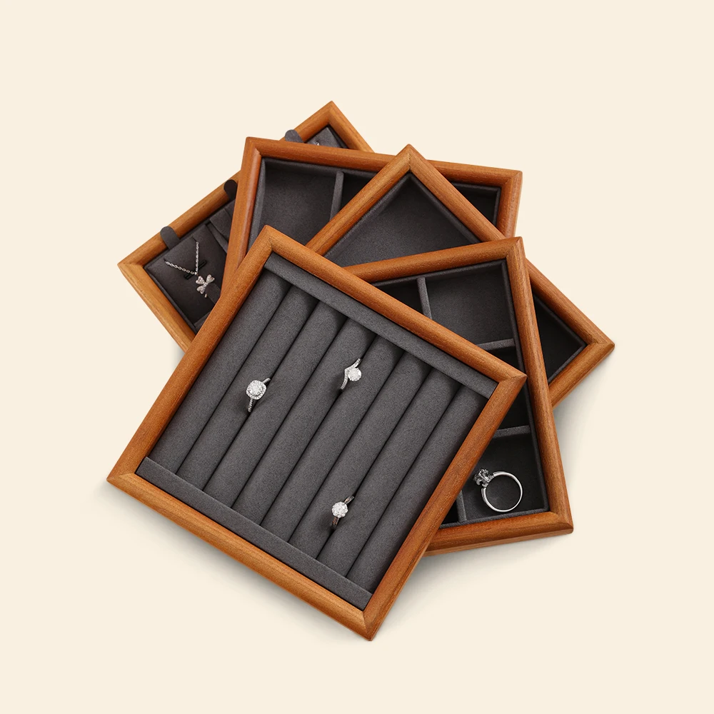 YinBeiNi Beige&Dark Gray Solid Wood Jewelry Display Tray Ring Necklace Earring Bracelet Organizer for Shop Cabinet Exhibition
