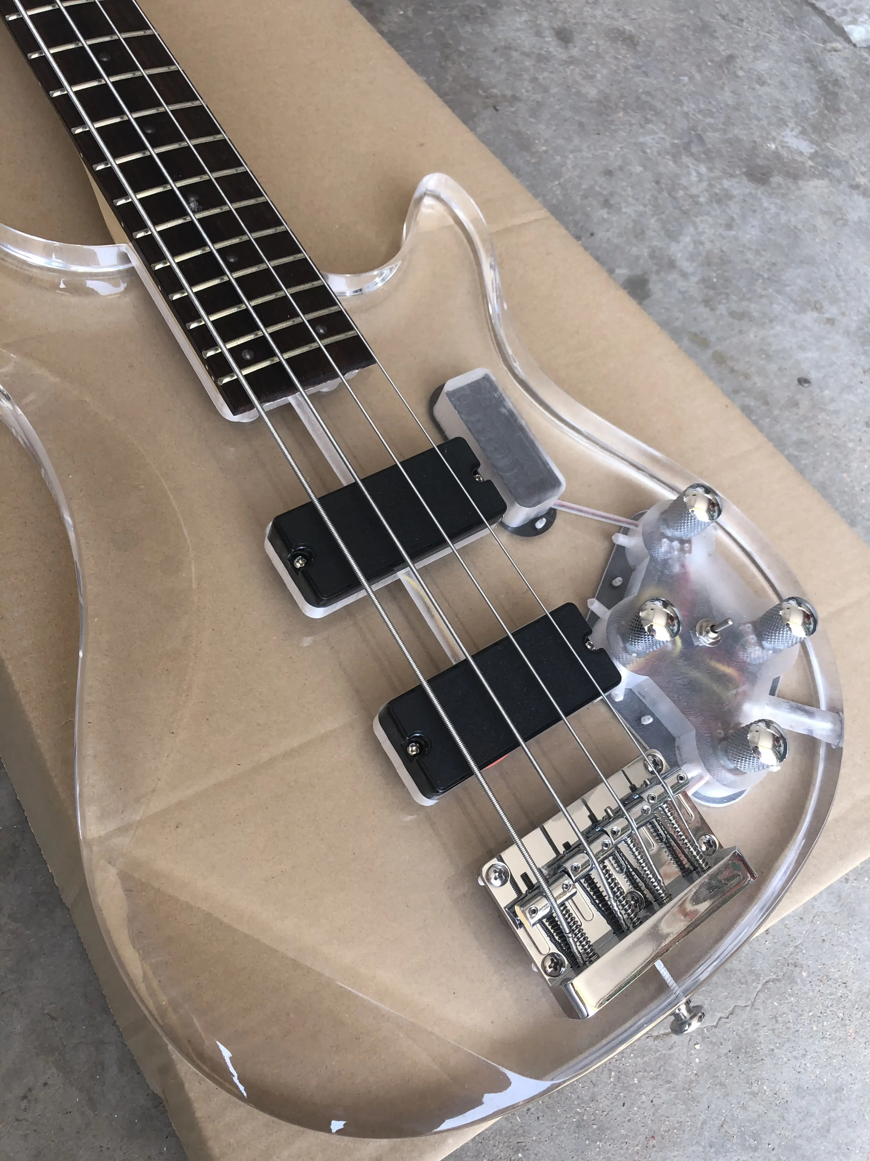 Electric Bass Guitar Acrylic 4 Stings ,Rosewood Fingerboard,Transparent Color, Maple Neck,LED Lights, Stock