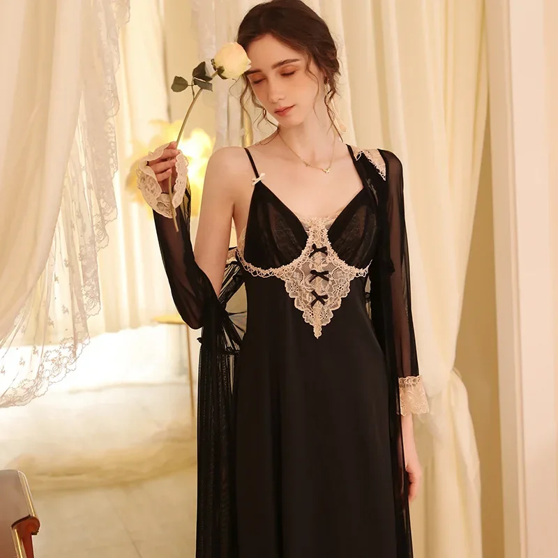 Spring Ice Silk Robe Sets Long Dressing Gown Princess Satin Peignoir Sleeping Dress V Neck Solid Color Nightdress Two Pieces