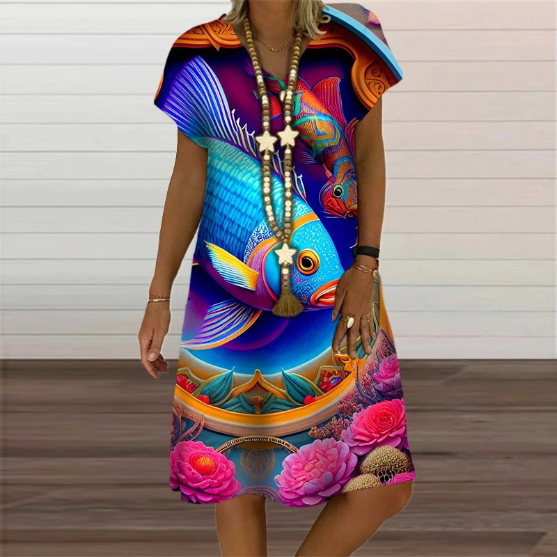 New Women Ocean Life Sea 3D Fish Print Dresses For 2023 Summer Beach Style Loose Short Sleeve Dress Casual V-Neck Woman Clothes