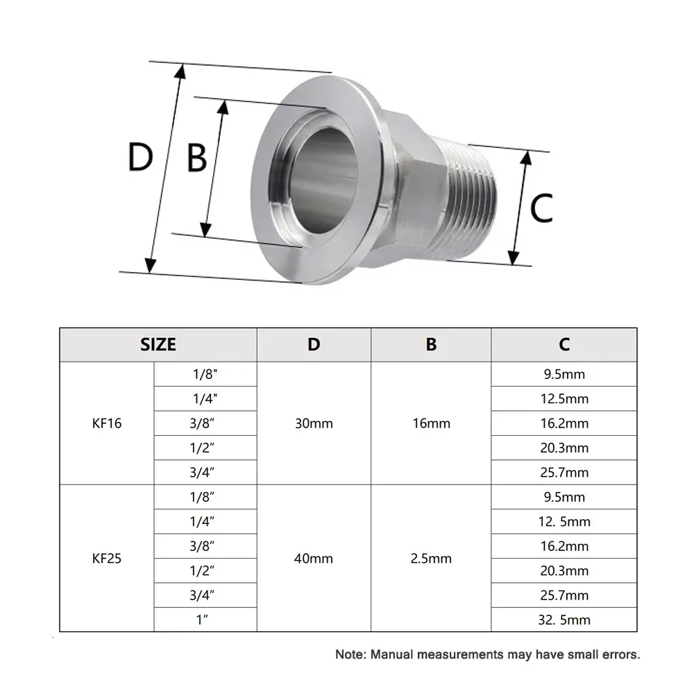 304SS KF Vacuum Adapter Hex Male Thread Flange Clamp, High Vacuum Leakproof Fitting for KF10/16/25/40/50 Pipe Connection