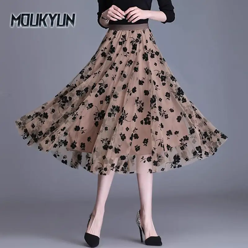 

Mesh Floral Skirts Women Elegant Coffee Long Gauze Skirt Korean Fashion High Waisted Puff Tutu Midi Skirt Faldas