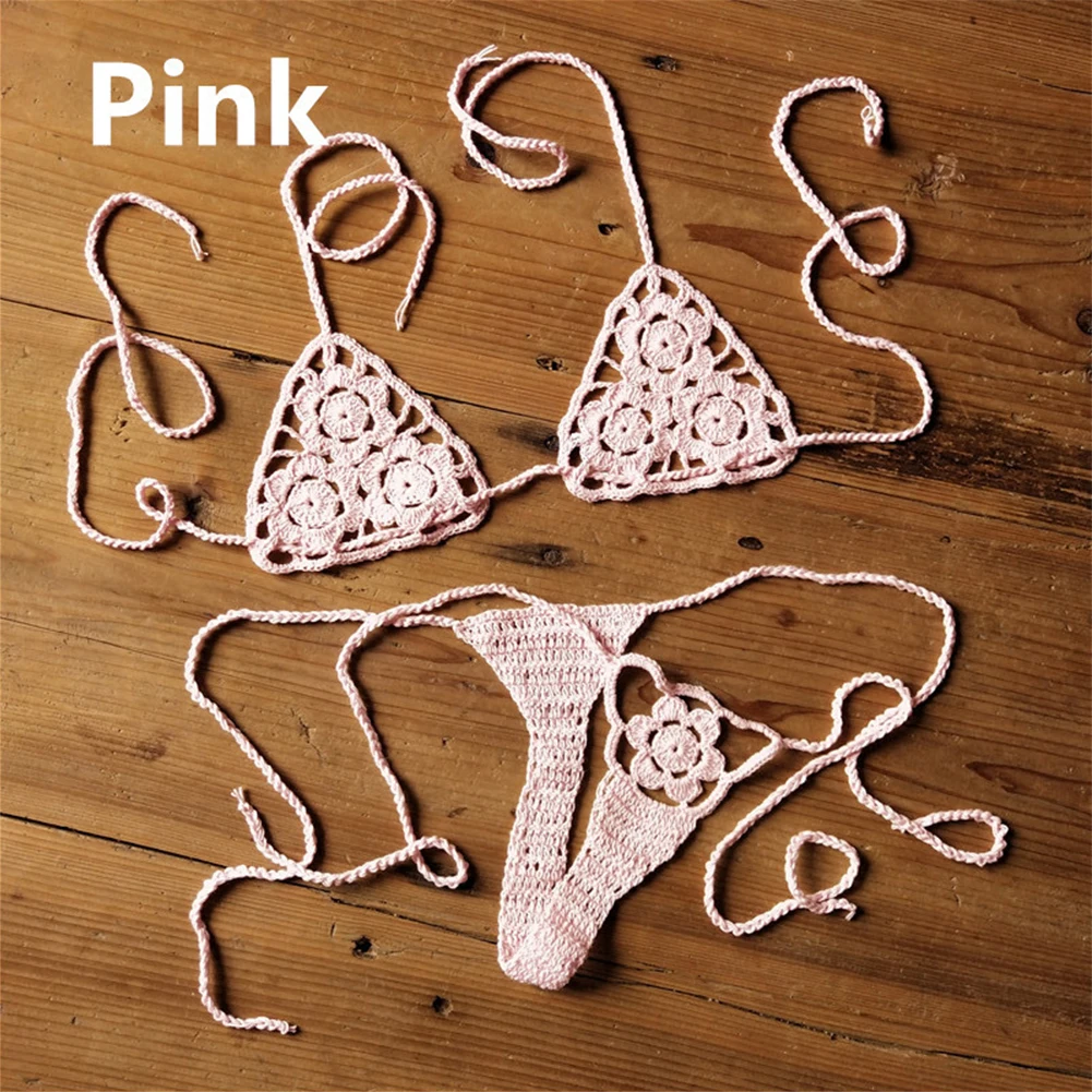 

Crochet Bikini Set G-String Lace Up Thong Beach Swimwear Sexy Erotic Bra T-Back Briefs Set Beach Hollow Out Transparent Swimsuit