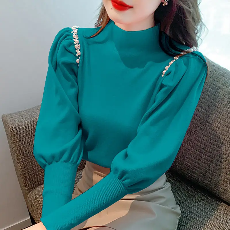 Women\'s Clothing 2023 Spring Autumn Trendy Half High Collar Beaded Chic Sweet Knitwear Solid Long Sleeve Elegant Knitted Sweater