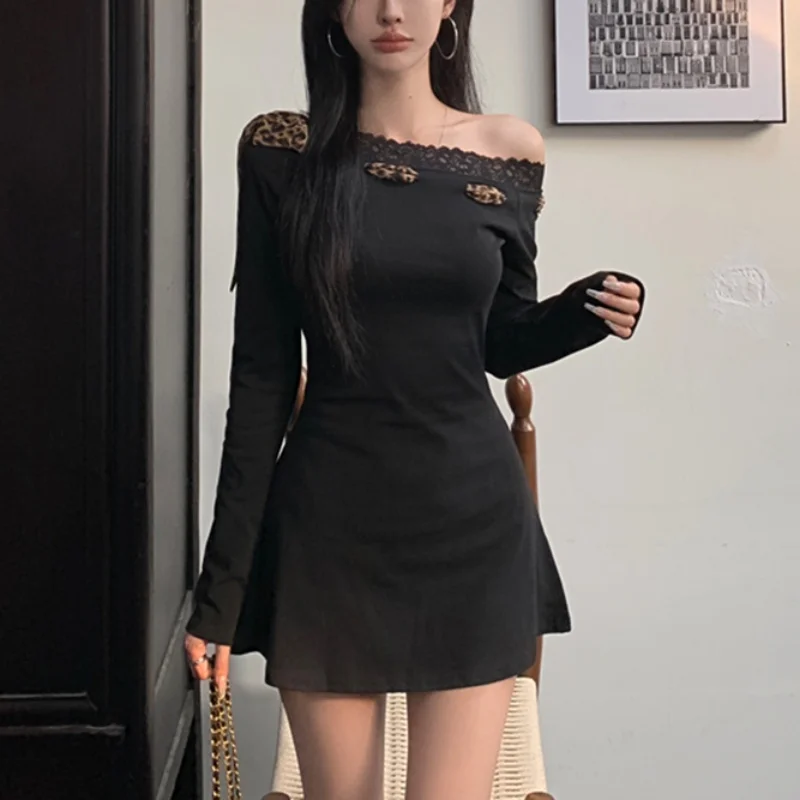 Sexy Dress Women y2k Clothes Leopard Print Lace Trim Off Shoulder Long Sleeve A Line Mini Dress Party Dresses Clubwear