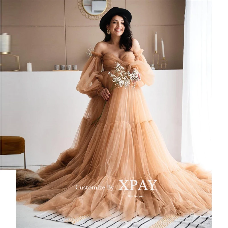 

XPAY Burnt Orange Tulle Pregnant Women Evening Dresses Wedding Photo shoot Puff Long Sleeves Sweetheart Prom Gowns Party Dress