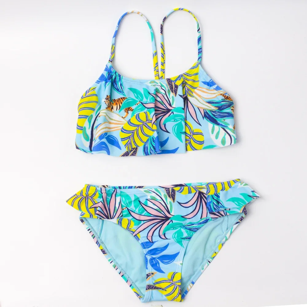 Children Leaf Print Bikinis for Girls Bathing Suits 2 Pieces Swiming Suit for Kids Girls Beach Wear Bule Bandage Swimsuits