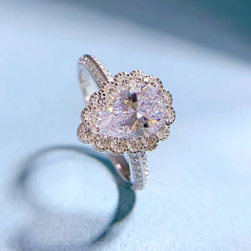 2023 New S925 Silver Pear 6 * 9 Water Drop Ring Women's European and American Diamond Ring Wedding Ring Ring Ring