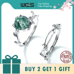 WES 925 Sterling Silver 8*8mm Natural Moss Agate Adjustable Ring Sets For Women Wedding party Gifts Jewelry Wholesale