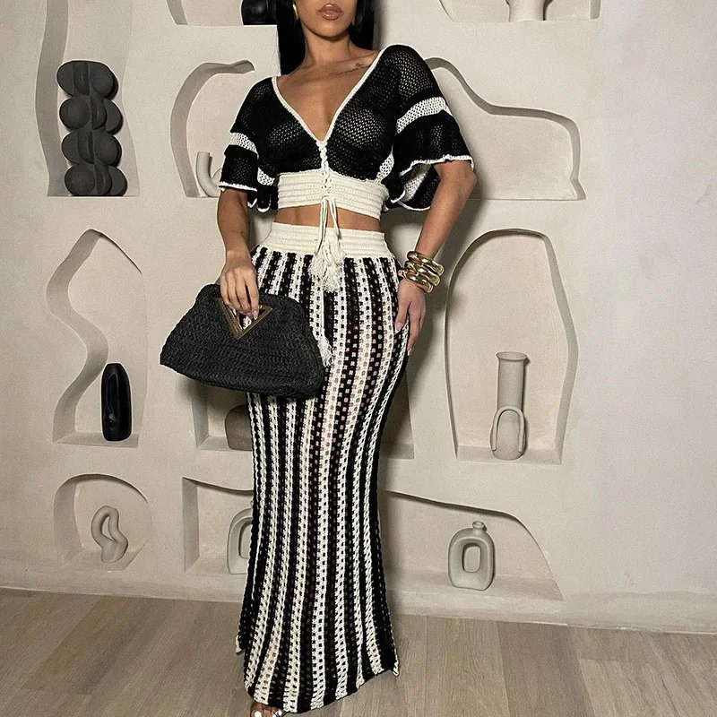 Striped Knitted Two Piece Set Women Outfit Y2K Clothes Clubwear Party Hollow Out V-neck Crop Top and Long Skirt Maxi Dress Sets