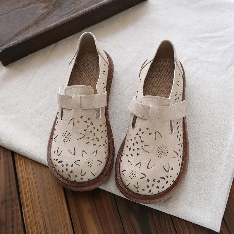 Handmade Breathable Hollow out Thick Heel Summer Casual Women's Sandals Large Head Shoes Floral Petal Hollow out Cool Shoes