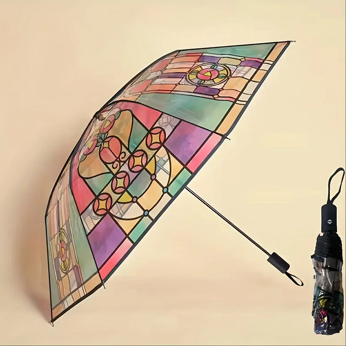 Retro Window Flower Pattern Transparent Umbrella Fully Automatic Opening and Closing Portable Wind-resistant Travel Umbrella