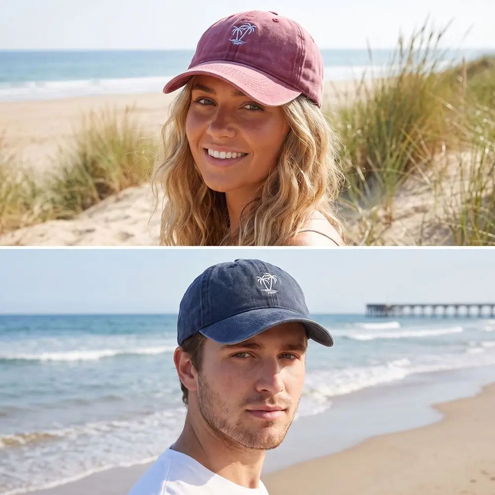 Soft Top Embroidered Coconut Tree Baseball Cap Retro Thin Washed Cotton Baseball Cap Fashion Sweet Sun Hat Outdoor