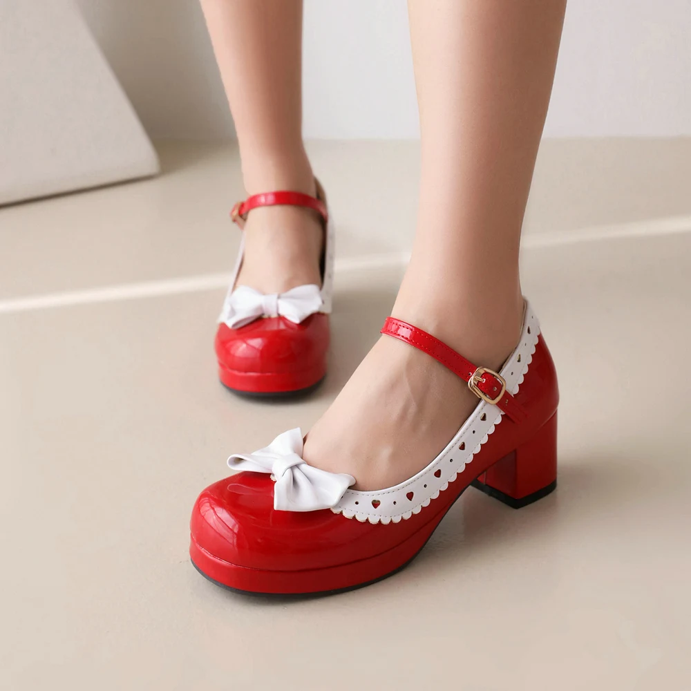 Woman\'s Block Heel Classic Lolita Shoes Cute Bowknot Strap Buckle Vintage Mary Jane Shoe Patent Leather Platform Pumps Plus Size