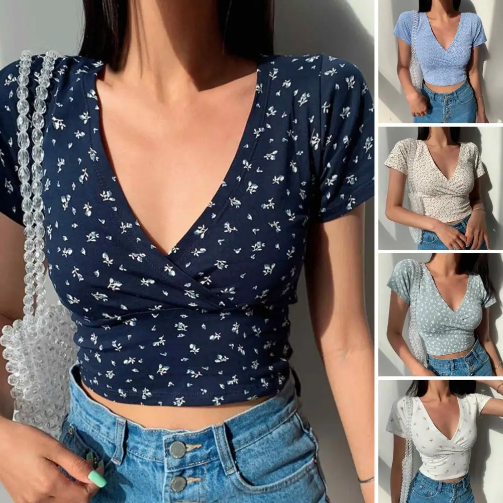 Frauen Sommer Top Blumen druck V-Ausschnitt Sommer Top für Frauen Retro Slim Fit Kurzarm T-Shirt weich atmungsaktiv Taille ausgesetzt