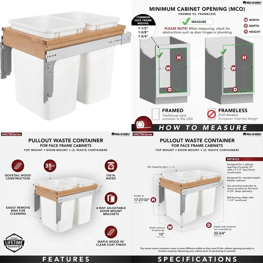 

Double Pullout Under Cabinet Trash Cans 35 Quart Capacity with Full-Extension Slides, 150 Pound Rating, Kitchen Storage Solution