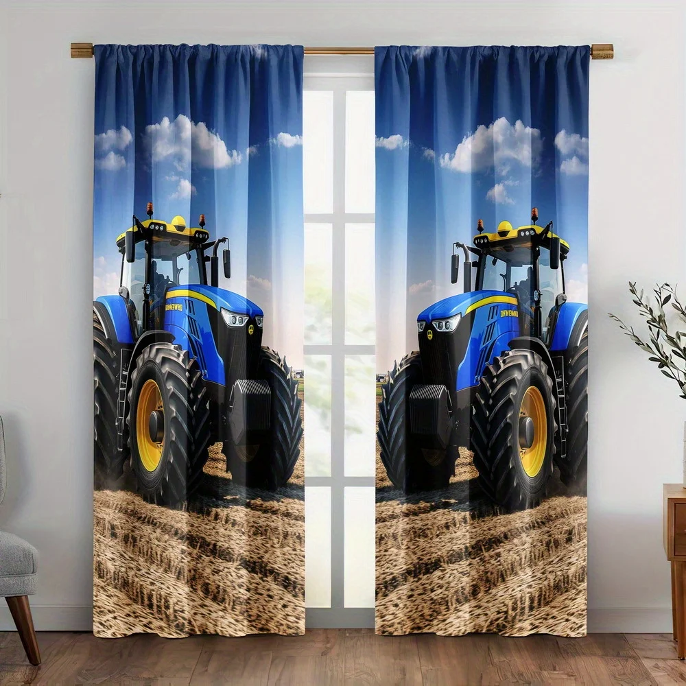 Blue Tractor Curtain, Farm Machinery Print Drapes, Agricultural Vehicle Window Curtains, Kids Room Living Room Decor