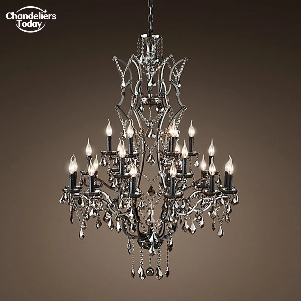 19th C. Rococo Iron & Crystal Round Chandelier Lighting Farmhouse Smoke Crystal Chandelier LED Black Iron Lustre Light Fixture