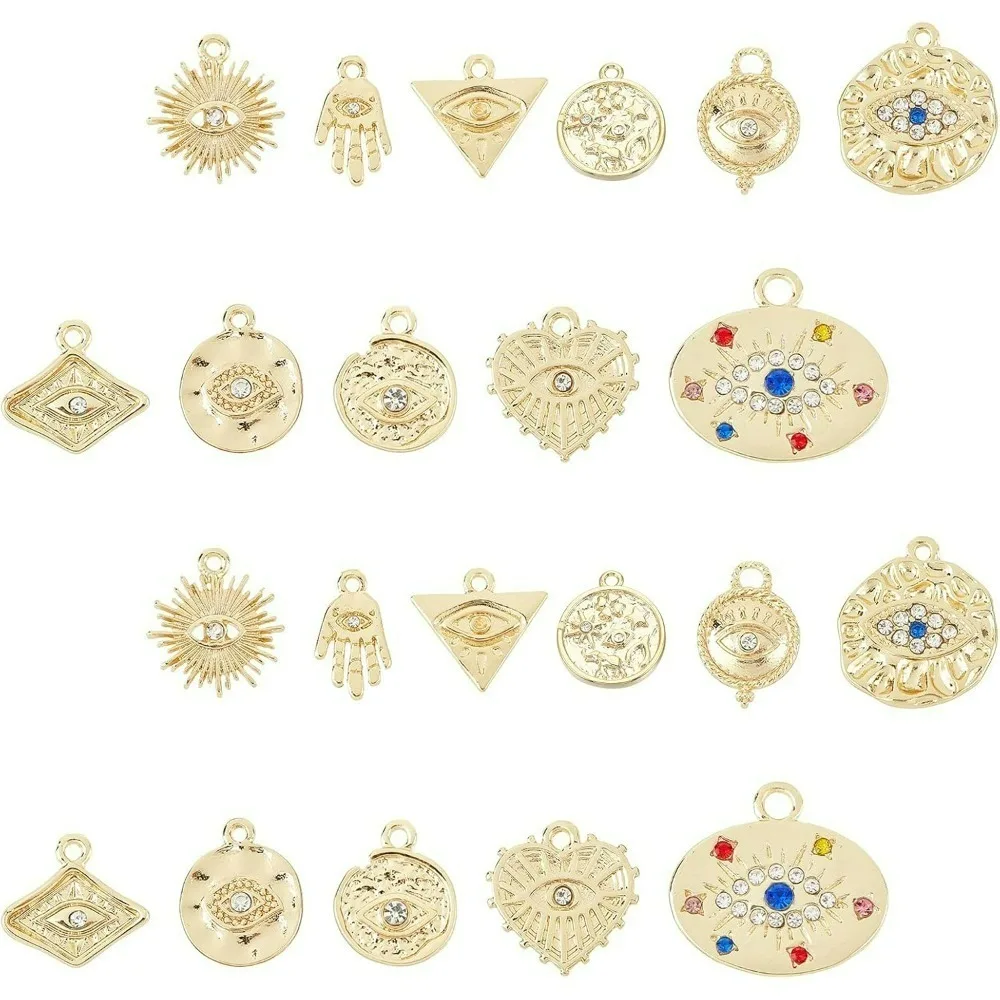 

1 Box 22Pcs 18K Gold Plated Evil Eye Charms Bulk Alloy Rhinestone Evil Eye Hamsa Hand Connectors Link Charm Jewelry Findings