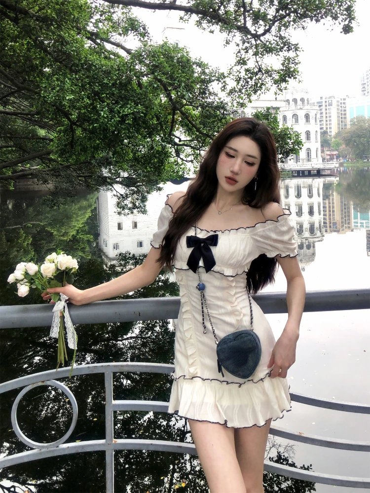 2024 Summer Woman Short Sleeve Y2k Mini Dress Party Slim Sweet Bow Dress Casual Outwear One Piece Dress Korean Fashion Chic