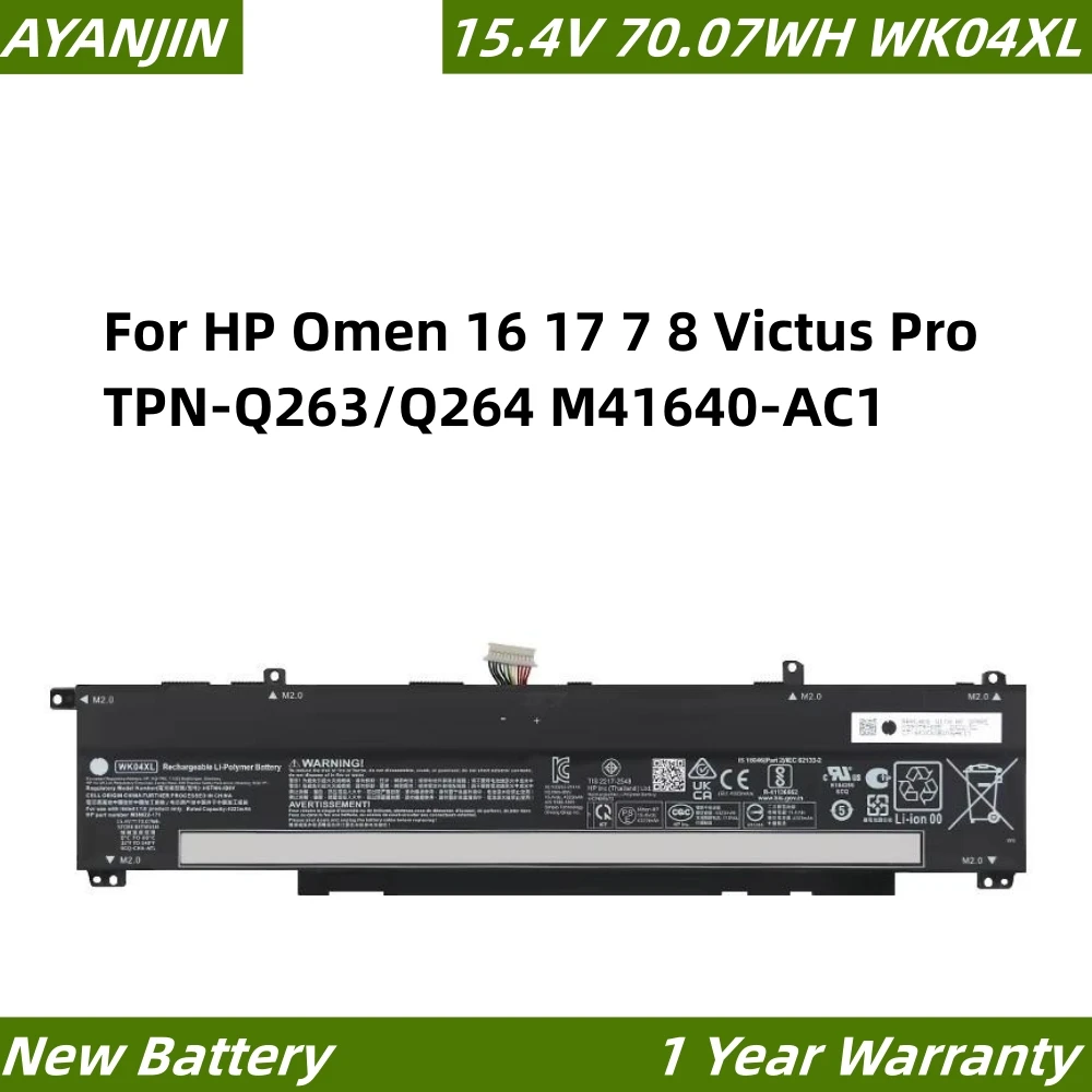 

70.07WH WK04XL Laptop Battery for HP Omen 16 17 7 8 Victus Pro TPN-Q263/Q264 M41640-AC1 HSTNN-OB21 TPN-Q265 TPN-Q266 TPN-Q280